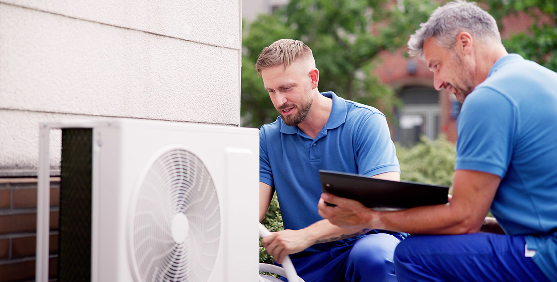 Two men working on an HVAC